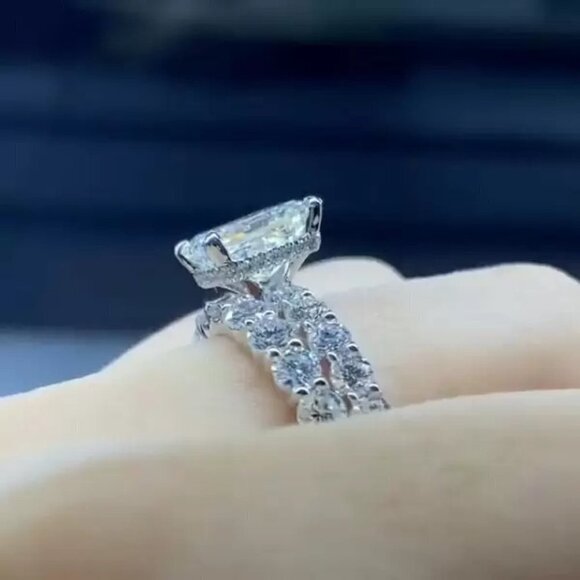 Shiny Radiant Cut Zircon Silver Plated Beautiful Wedding Ring Set,  UNVN12011 - Picture 5 of 5